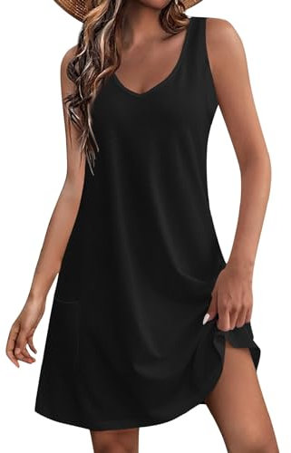 Gothic Kleid Frauen Leger Clubkleidung Ärmellos Fließende Summer Boxy Weich Damen Polyester Plein mit Taschen Schwarz 2XL