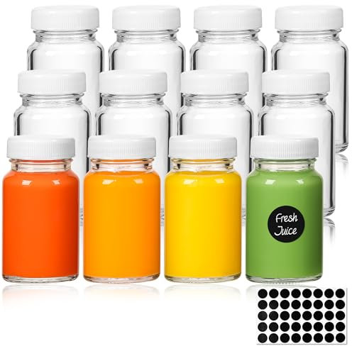 Mini bouteilles verre avec couvercles, 12 bouteilles à shot pour remplir 60 ml, petites bouteilles en verre,pour huiles essentielles, shot de gingembre, whisky