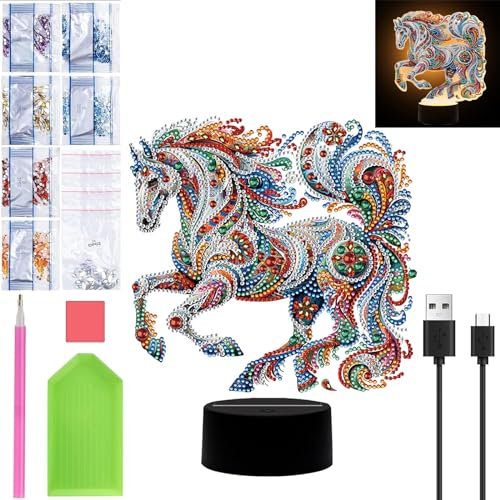 Starnearby DIY Diamond Painting Pferd Deko, 5D Diamant Painting Kreative Nachtlicht Bastelset Diamantmalerei Kunst Set, Ornamente Geschenke für Anfänger Hausgeschenk Deko für Mädchen