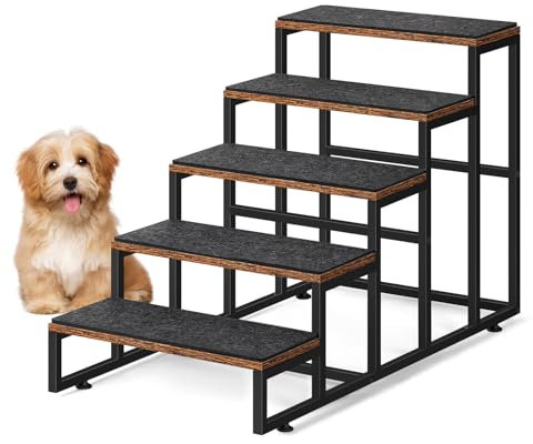 CADUKE Haustiertreppe, 5 Stufen, robuste Hundetreppe/Katzentreppe für kleine & große Hunde, Hundetreppen für Sofa, Bett, 40 x 75,5 x 52,7 cm, Metall und Holz, Braun und Schwarz