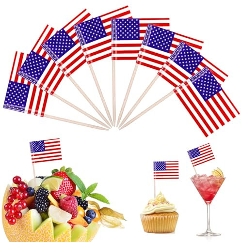 Zopeal 100 Stück USA Flagge Zahnstocher Cocktailspieße mit USA Flagge Doppelseitiger Druck Verschiedene Lebensmittel Flaggen Papier Flaggen Stäbchen Obstspieße Kuchen Stäbchen für Party Deko