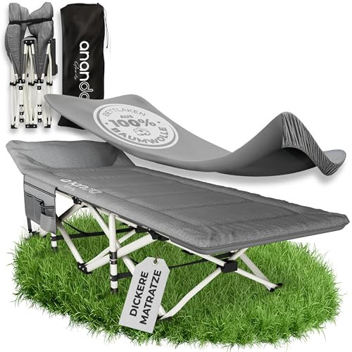 Ananda Goods Feldbett klappbar - Klappbett & Gästebett klappbar, Campingbett faltbar, Reisebett Erwachsene mit Baumwoll-Leinen-Matratze & Bettlaken aus 100% Baumwolle