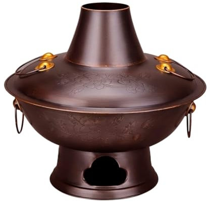 BOGAZY Vintage Fondues Holzkohle-Hotpot Mit Kamin, Vintage-Kupfer-Shabu-Shabu-Topf Für 3–12 Personen, Home-Party-Hotpot-Kocher Traditioneller Suppentopf(32cm)