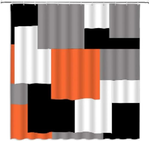 Rideau de douche moderne à motif géométrique en tissu noir, blanc, gris et orange, rideau de salle de bain 89 x 205 cm de long