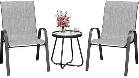 Amopatio Outdoor Bistro Set, Garden Stackable Chairs and Table, 3 Piece Garden Furniture Sets for Balcony, Porch, Backyard, Gray