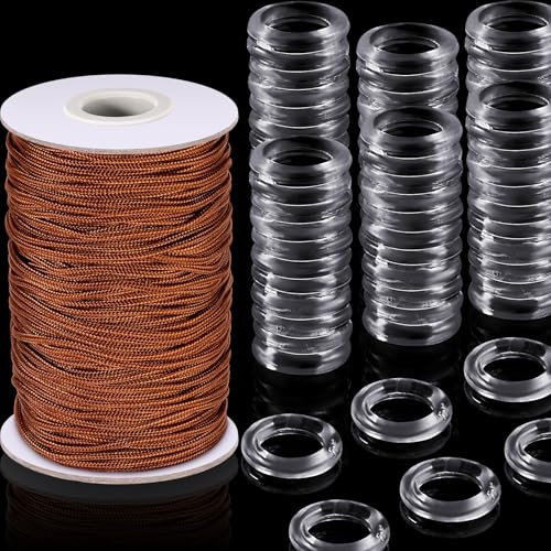 100 Pieces Clear Roman Curtain Rings 55 Yards Roman Blind Cord 8 to 13 mm Transparent Plastic Rings 1.8 mm White Braided Lift Shade Cord for DIY Blind Curtains(Brown)