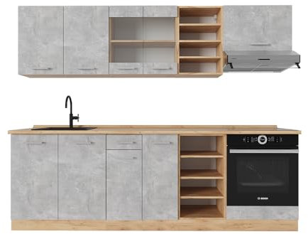 Vicco Küchenzeile R-Line, Beton/Goldkraft Eiche, 240 cm ohne Arbeitsplatte
