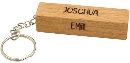 Schlüsselanhänger personalisiert aus Holz. Mit Gravur auf 4 Seiten. Individualisierbar mit Namen und Text. Im Geschenkekarton