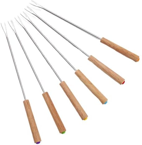 6Pcs Fondue Forks with Heat-Blocking Wooden Handle, Random Color-Coded Fruit Forks for Chocolate Fountain Cheese Fondue Dessert