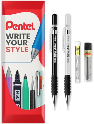 Pentel 120 Series Automatic Mechanical Pencil A315 + 12 HB Refill Leads + Tube of Eraser Refills - In Envelope Gift Packaging (Black & White, 0.5mm)