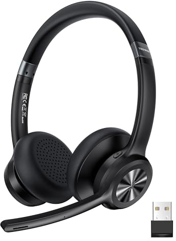 TechRise V5.2 Auriculares Inalámbricos Bluetooth Diadema con Micrófono USB Dongle, Cascos Cancelación de Ruido con Tecla de Silencio – 50 Horas de autonomía on Ear para callcenter y Oficina – Negro