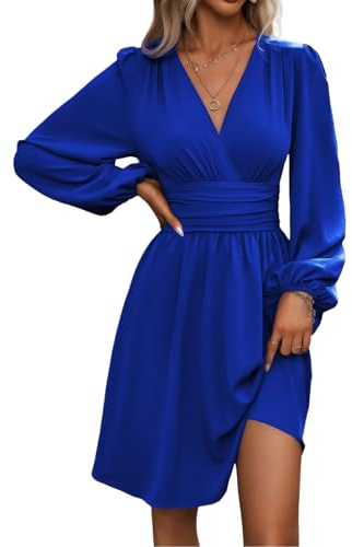 Vestito Donna Elegante Abito Vita Alta Scollo a V Casual Vestiti Linea A | Vestito Manica Lunga/Manica Corta Mini Moda Maniche Lanterne per Festa Natale Matrimonio Primavera Estate Autunno Inverno