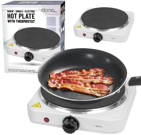 Electric Hot Plates - With Thermostat, Table Top Portable Hob Plate | Ideal For Camping, Caravans, Travelling | Overheat Protection, Non-Slip Rubber Feet, Single & Double (Single White Hotplate)