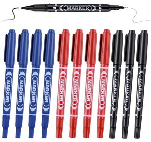 AYHYHLJZJ 12 schwarze Permanentmarker, Permanentmarker mit feiner Spitze, Permanent-Marker mit doppelter Spitze, dokumentenechter Filzstift zum Zeichnen, Schreiben, Unterschrift (Blau, Rot, Schwarz)