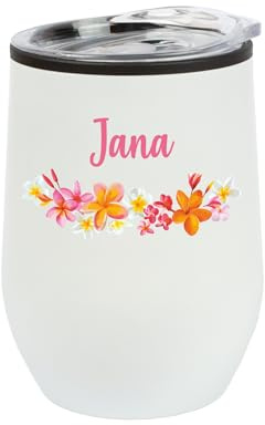 Herz & Heim® Personalisierbarer Thermobecher mit Wunschmotiv & Name – Edelstahlbecher 350 ml – Schwarz oder Weiß – Isolierbecher für Kaffee, Tee & mehr – Geschenkidee für Frauen (Weiß, Blumenkranz)