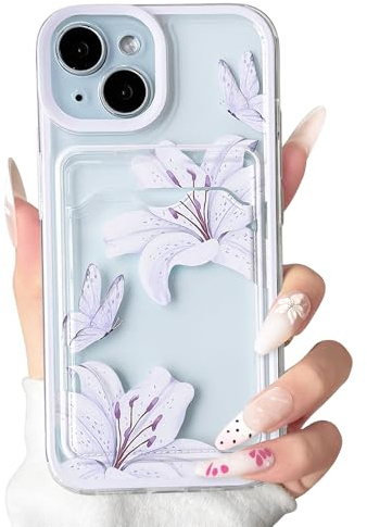 NITITOP for iPhone 15 Plus Case Clear Cute Lily Flower Wallet, Purple | for Women Girls, Floral Butterfly Pattern, with Card Holder, Color Frame, Soft TPU Shockproof Cover, Full Camera Protection