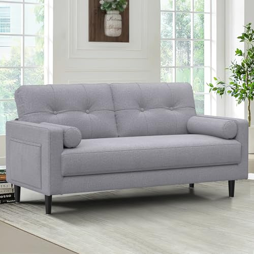 Aotumm Ciort 2 Seater Sofa, Modern Sofa Couch with Thicken Cushions, 2 Pillows and 2 Pocket Storage, Comfy Linen Sofa for Living Room/Bedroom/Office, Easy Assembly Small 2 Seater Sofa (Soft Grey)