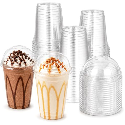 16oz (470ml) Clear Cups with Dome Lids [50 Pack] - Strong Recyclable Cold Drink Cups for Smoothies, Iced Coffee, Milkshakes, Bubble Tea, Boba, Slushies, Frappes, Juice & Takeaway Use