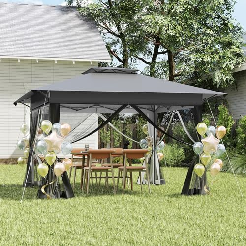 YUENFONG Pop Up Faltpavillon 4x4m, Faltpavillon 3-Stufen Höhenverstellbar Gartenzelt mit 4 Moskitonetz Seitenteilen，Metallrahmen Pavillon, Doppeldach Partyzelt inkl. Tragetasche, Anthrazit