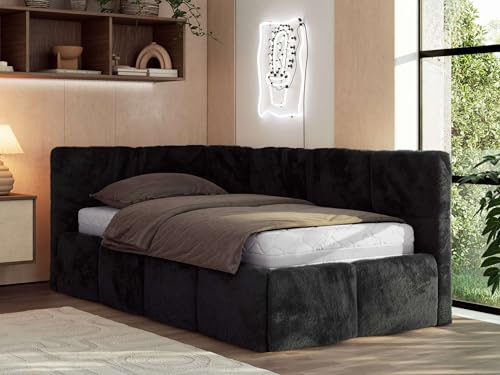 Jugendbett ARVO 90x200 cm mit Lattenrost und Bettkasten, Polsterbett mit gepolstertem Kopfteil und Gasdruckfedern, Eckbett mit Stauraum - mit Schaumstoffmatratze - Schwarz Plüsch - Linke Seite