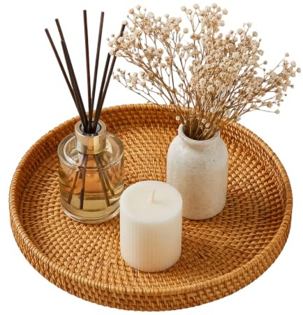 Round Rattan Tray Hand Woven Decorative Trays, Stylish Caddy Organiser for Keys, Perfume, Candles, Coffee Table Serving Tray, Vanity Trinket Plate, Bathroom Countertop Storage Basket - 28x3 cm