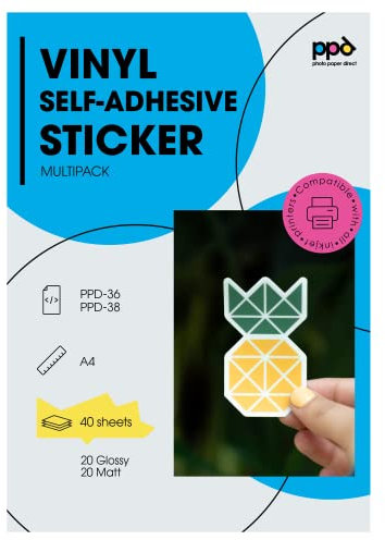 PPD Inkjet Vinyl Aufkleberfolie Multipack weiß glänzend/matt - jeweils 20 A4 PPD-36/38-40