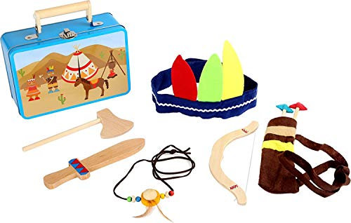 small foot 3922 Kinderkoffer Indianer-Set, mit Axt, Messer, Pfeil, Bogen, Kopfbedeckung und Indianerkette, ab 3 Jahre
