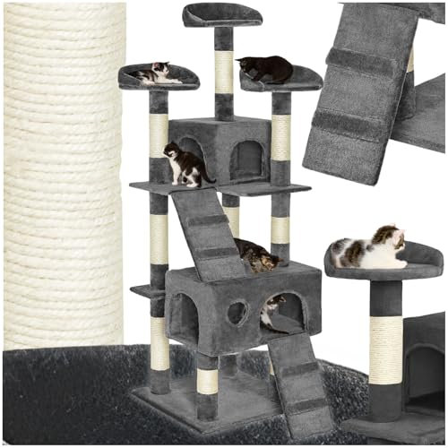 tectake® arbol rascador para Gatos, sisal Resistente, casa Gatos, 3 nidos, Sistema antivuelco, Poste rascador Gatos, Cama de Gato, Juguetes para Gatos - 170 cm Alto Gris