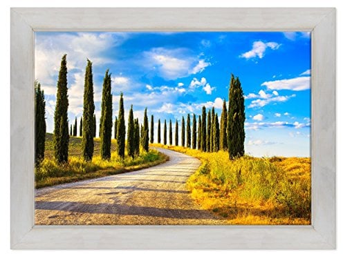 Quadro su Tela Canvas INTELAIATO - con Cornice - Siena - Cipressi - Viale Alberato - Toscana - 70x100cm - Stile Country Bianco Shabby - (cod.2937)
