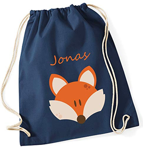 minimutz Turnbeutel mit Namen personalisiert | Motiv Fuchs für Jungen Mädchen | Stoffbeutel Schuhe Sport für Kinder (dunkelblau)