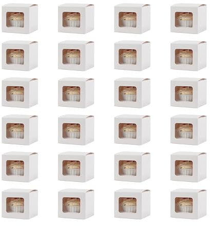 Komonee 50 x Cupcake Boxes Individual White Single Fairy Cup Cake With Clear Window Cardboard Packaging Box Baking Kids Muffins Cookies Brownies Christmas Bake Weddings