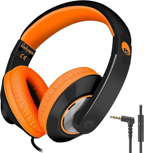 RockPapa Comfort+ Kinder Kopfhörer für Schule Jungen, Kopfhörer Kinder mit Kabel, Faltbar, 3,5 mm Jack, HD-Mikrofon, Over Ear Kinderkopfhörer für Schule/Reise/PC, Schwarz Orange