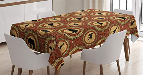ABAKUHAUS Safari Tischdecke, AFFE Lion Folk African, Pflegeleicht mit Modernster Druck Technologie Waschbar und Personalisiert, 140 x 200 cm, Senf und Brown