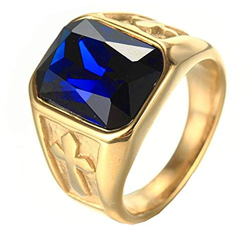PMTIER Herren Edelstahl Jahrgang Gold Kreuz Erklärung Ring mit Blau Stein Größe 57 (18.1)