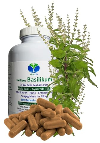 TULSIBASILIKUM 360 Kapseln Heiliges TULSI-BASILIKUM Holy-BASIL Ayurveda indisches Königskraut - Meditation Ruhe Entspannung - Ausgeglichen im Alltag. NATUR pur. OHNE ZUSATZSTOFFE. 26700-360