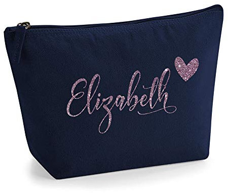 Personalisiert Name Initialen & Herz Kosmetiktasche Damen Schminktasche für Handtasche Makeup Tasche - Glitter oder Flocke Material Druck - Roségold Glitter - M | Marine Blau