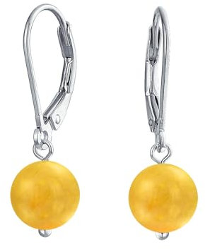 Orecchini Pendenti A Sfera Con Perla Rotonda Semplice In Diaspro Giallo Morbido Per Donna .925 Sterling Silver