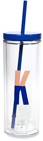 Kate Spade New York Insulated Initial Tumbler with Reusable Silicone Straw, 20 Ounce Acrylic Travel Cup with Lid, K (blue)