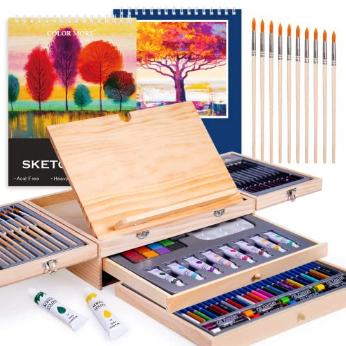 85 Piece Deluxe Wooden Art Supplies with Easel and Acrylic Pad, Art Set for Teens, Adults and Artist Beginners, Creative Gift Box with Wooden Case, Sketching Pencils, Artist Brushes