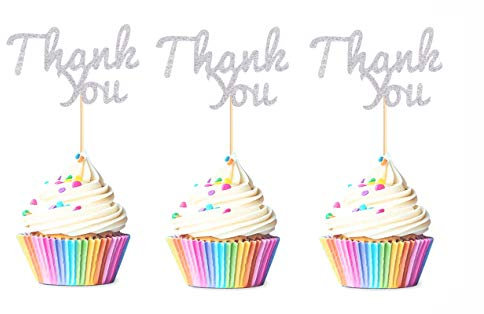 Keaziu 48pcs Sliver Thank You Cupcake Toppers Thank You Cupcake Picks for Birthday Anniversary Thanksgiving Day Wedding Bridal Party Decoration Supplies