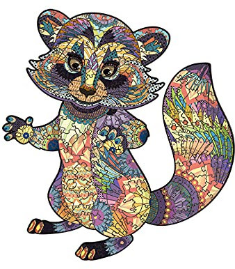 Cuteefun Wooden Shaped Jigsaw Puzzle for Adults Unique Puzzle Cute Animal Raccoon 200 Piece Jigsaw Puzzle for Birthday (A4 Size)