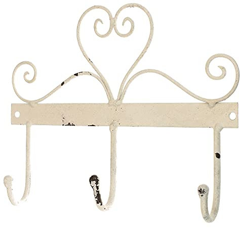 MACOSA SA81020 Hakenleiste Herz 3 Haken vintage Weiß 20 x 16 cm Dekohaken Schlüssel-Haken Shabby Chic Wandhaken Kleiderhaken Dekohaken Wand-Deko