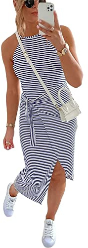 NOLLSOM lässiges, ärmelloses, gestreiftes Midi-Kleid mit Trägern, gerüscht, figurbetontes Kleid, Bindeband in der Taille, T-Shirt-Sommerkleid