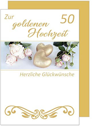 Edition Seidel Premium Glückwunschkarte zur Goldhochzeit mit Umschlag. Karte zur goldenen Hochzeit Goldhochzeitskarte Grusskarte goldene Herzen Blüten (HG190 SW022)