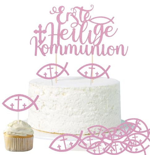 Erste Heilige Kommunion Tortenstecker Rosa und 10 Pcs Fische Cake Toppers Erstkommunion Tortendeko Papier Kuchendekoration für Erstkommunion Mädchen Communion Konfirmation usw.