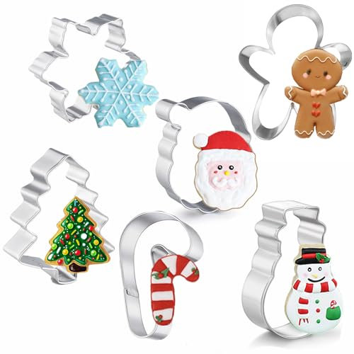 Large Christmas Cookie Cutters, 4.25 Holiday Cookie Cutters Shape with Recipe Booklet Gingerbread Men,Christmas Tree,Snowflake, Candy Cane,Santa Face and Snow Man for Baking