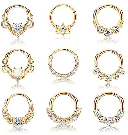 Kakonia 9Stk Septum Piercing Chirurgenstahl für Damen Herren 16G CZ Nasenpiercing Ring Tragus Helix Daith Piercing Schmuck Gold Septum Clicker Ring Set 8MM