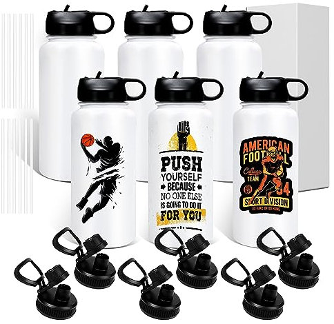 BetterSub 32oz Sublimation Sports Water Bottle Bulk - Stainless Steel Insulated White Tumbler with Wide Mouth Flip Lid & Straw, 6 Packs Sublimation Tumbler Blanks for Custom Design(32oz White)