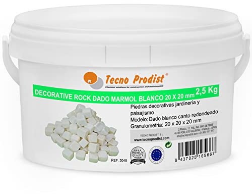 DECORATIVE ROCK Dado marmol blanco 20 x 20 x 20 mm de TECNO PRODIST - (2,5 kg) - Piedra decorativa blanca jardín, para exterior y decoración en interior jarrones o jardineras, natural