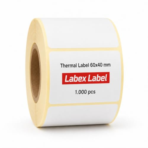 Thermoetiketten 60x40 mm auf Rolle – Barcode EAN Lageretiketten – 1 Rollen 1000 Etiketten – Thermodirekt ohne Farbband – kompatibel mit Zebra, TSC, Godex – Labex Label